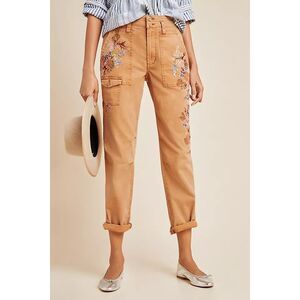 NEW Anthropologie The Wanderer Embroidered Cargo Pants in Tan Size 25